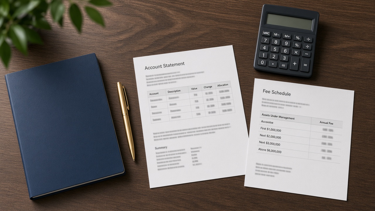 An account statement and a fee schedule on a desk, with a calculator and no people