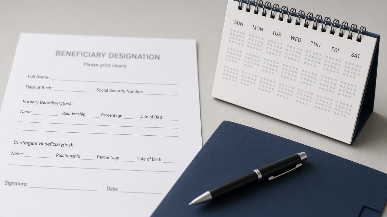 A beneficiary designation form next to a desk calendar