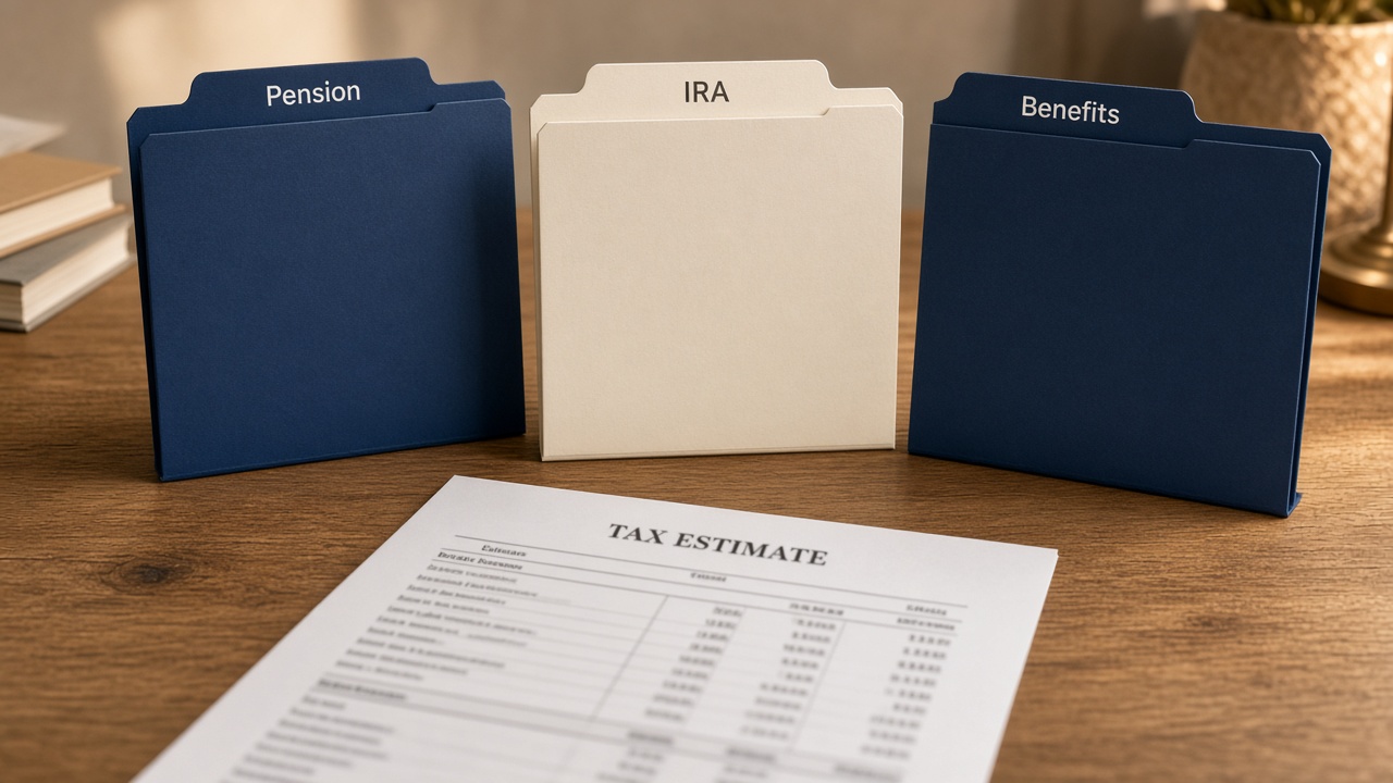 Three folders for a pension, an IRA, and a benefit statement