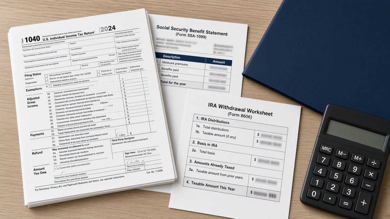 A tax return, a benefit statement, and an IRA withdrawal worksheet on a desk