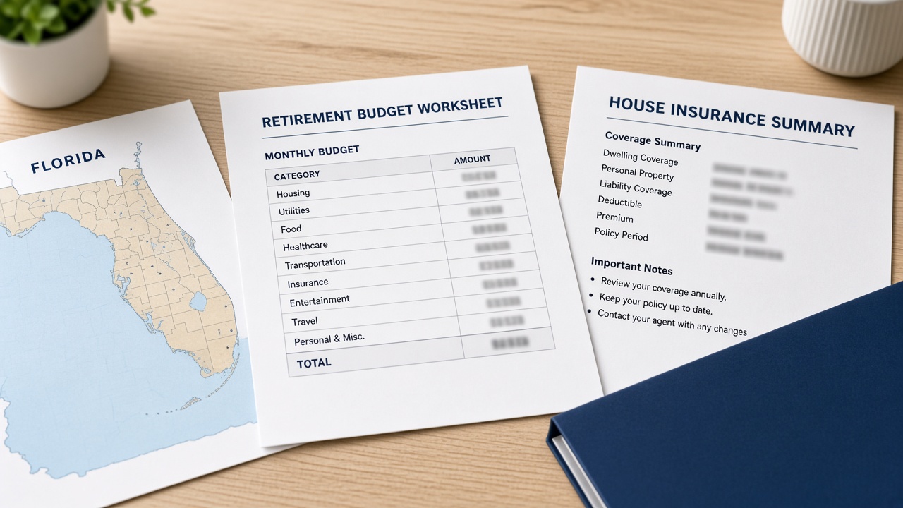 A Florida map, a retirement budget worksheet, and a house insurance summary